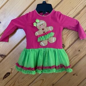 Rare edition, long sleeve green pink ruffle dress size 2t (o12)